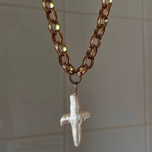 Load image into Gallery viewer, Freshwater Pearl Brass Cross Pendant Necklace
