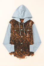 Load image into Gallery viewer, Leopard Distressed Drawstring Hooded Denim Jacket
