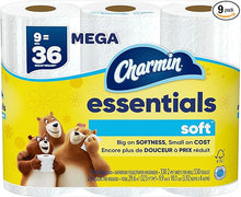 Load image into Gallery viewer, Charmin Essentials Soft Toilet Paper, 9 Mega Rolls = 36 Regular Rolls
