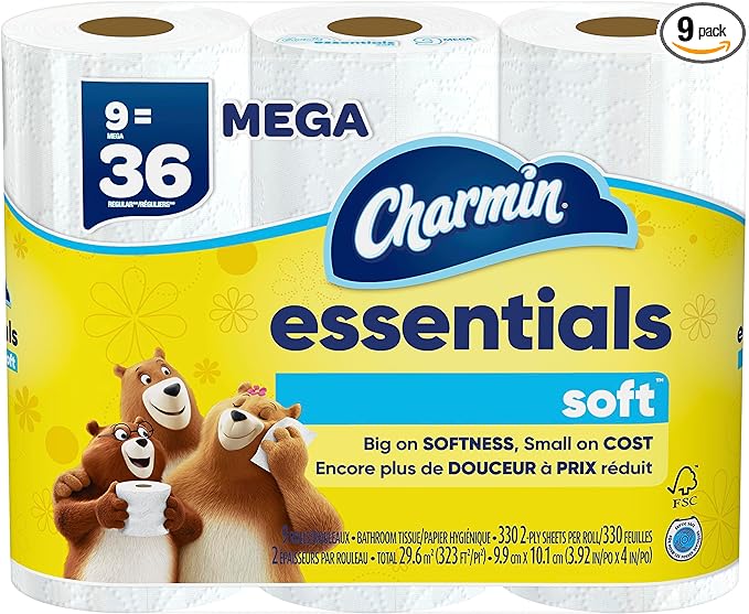 Charmin Essentials Soft Toilet Paper, 9 Mega Rolls = 36 Regular Rolls