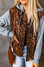 Load image into Gallery viewer, Leopard Distressed Drawstring Hooded Denim Jacket
