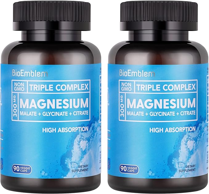 BioEmblem High Absorption Triple Magnesium Complex 300mg | Magnesium Glycinate for Nerves, Magnesium Malate for Energy, Magnesium Supplement to Support Muscle Health | Vegan, Non-GMO 180 Capsules