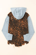 Load image into Gallery viewer, Leopard Distressed Drawstring Hooded Denim Jacket
