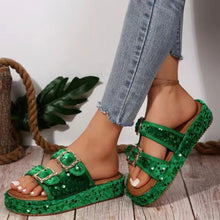 Load image into Gallery viewer, Sequin Trim Open Toe Sandals
