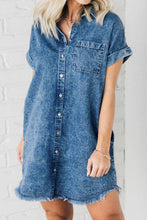 Load image into Gallery viewer, Raw Hem Pocketed Cap Sleeve Denim Dress
