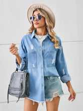 Load image into Gallery viewer, Distressed Raw Hem Dropped Shoulder Denim Jacket
