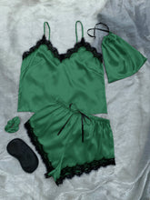 Load image into Gallery viewer, Lace Trim Cami, Shorts, Eye Mask, Scrunchie, and Bag Pajama Set
