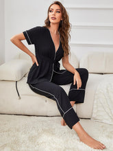 Load image into Gallery viewer, Contrast Piping Belted Top and Pants Pajama Set
