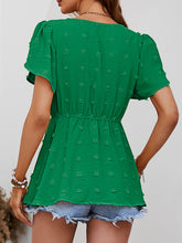 Load image into Gallery viewer, Swiss Dot Buttoned Petal Sleeve Peplum Blouse
