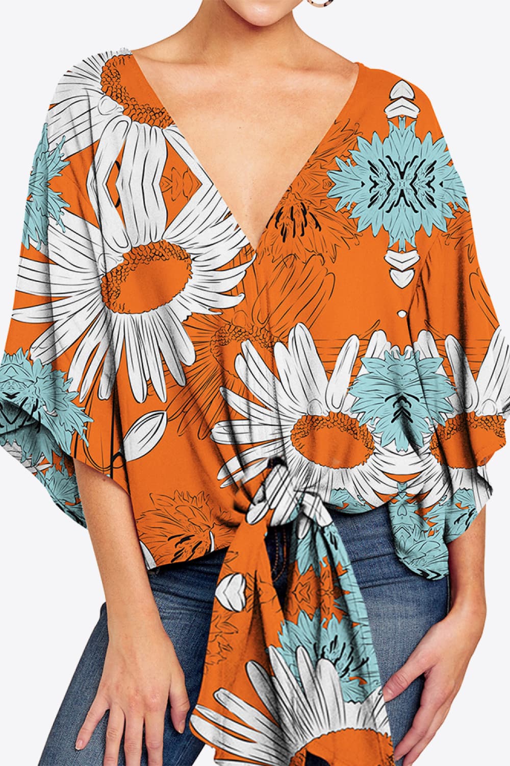 Printed Deep V Tie Hem Blouse