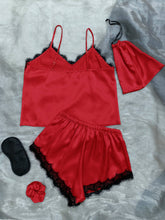 Load image into Gallery viewer, Lace Trim Cami, Shorts, Eye Mask, Scrunchie, and Bag Pajama Set
