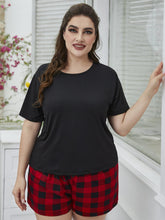 Load image into Gallery viewer, Plus Size Round Neck Tee Shirt and Plaid Shorts Lounge Set
