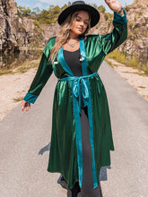 Load image into Gallery viewer, Plus Size Embroidery Contrast Tie Front Long Sleeve Robe
