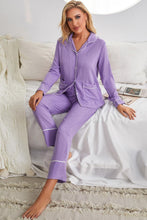 Load image into Gallery viewer, Contrast Lapel Collar Shirt and Pants Pajama Set with Pockets
