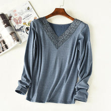 Load image into Gallery viewer, Lace Detail V-Neck Long Sleeve Lounge Top
