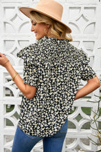 Load image into Gallery viewer, Floral Smocked Ruffle Shoulder Tie Neck Top
