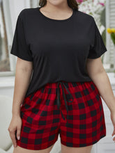 Load image into Gallery viewer, Plus Size Round Neck Tee Shirt and Plaid Shorts Lounge Set
