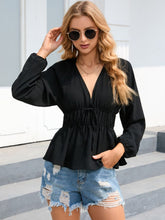 Load image into Gallery viewer, Balloon Sleeve Plunge Peplum Blouse
