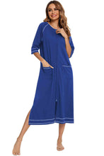 Load image into Gallery viewer, Zip Up Slit Round Neck Night Dress with Pockets
